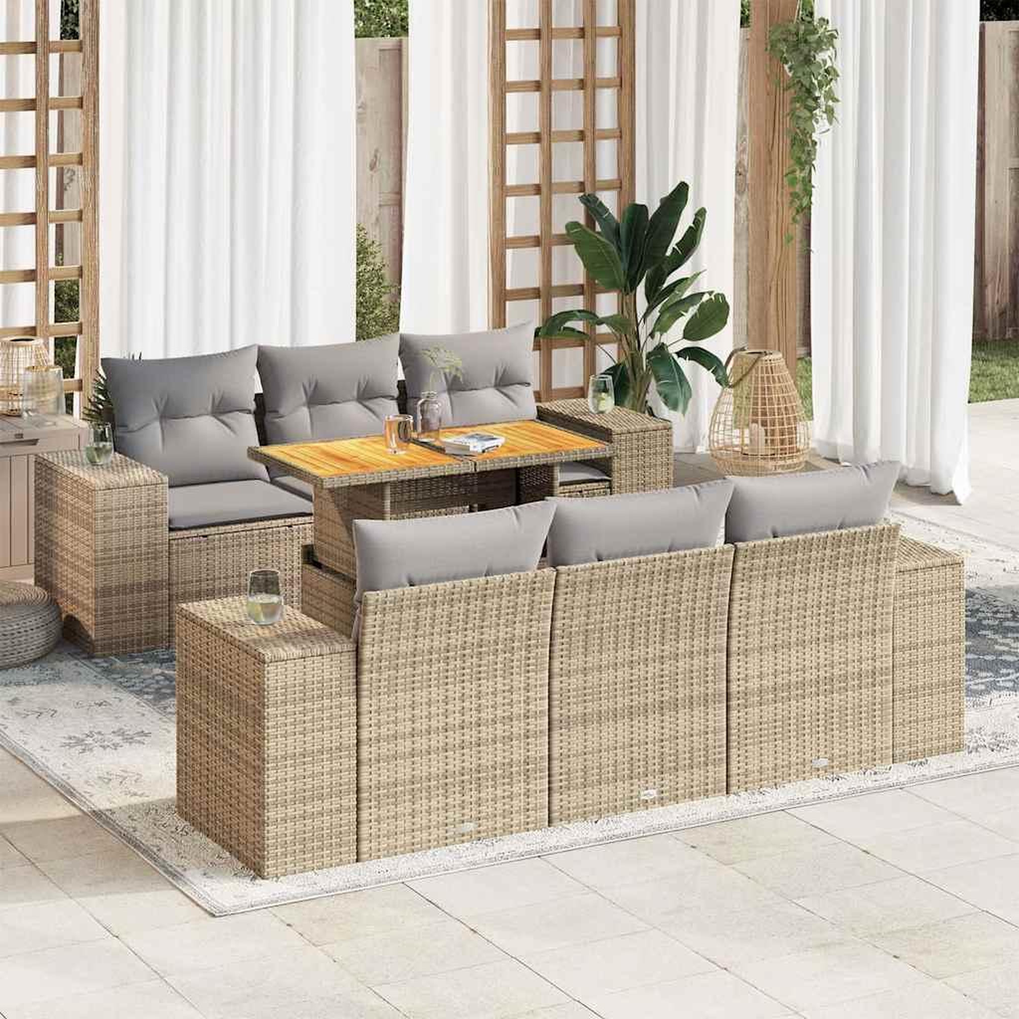 VIDAXL Salon de jardin avec coussins 7 pcs beige resine tressee