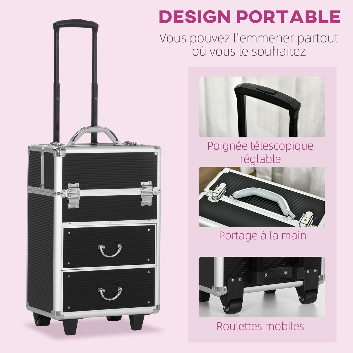 HOMCOM Valise trolley maquillage malette cosmétique vanity poignée télescopique réglable 36L x 23l x 58H cm alu