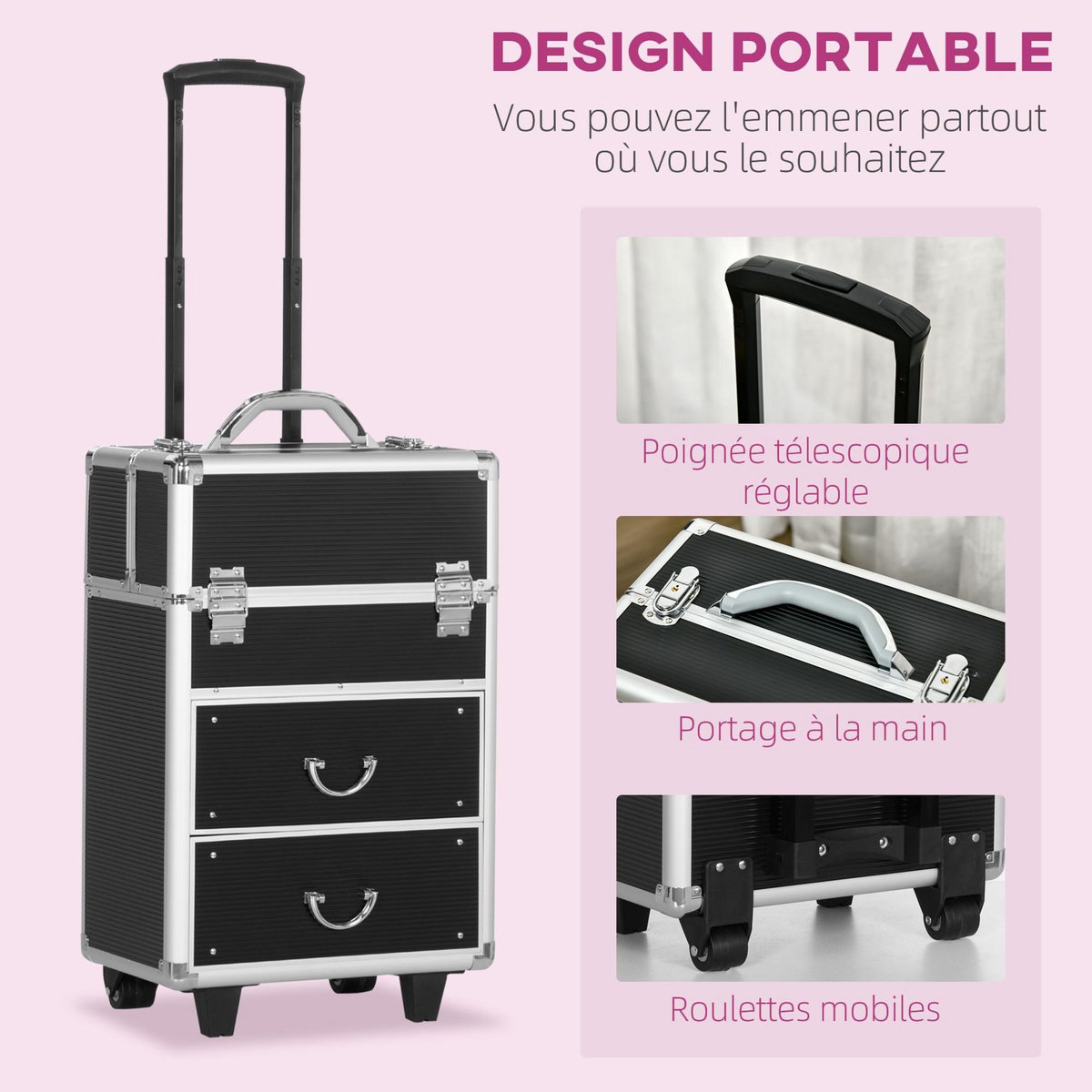 HOMCOM Valise trolley maquillage malette cosmétique vanity poignée télescopique réglable 36L x 23l x 58H cm alu
