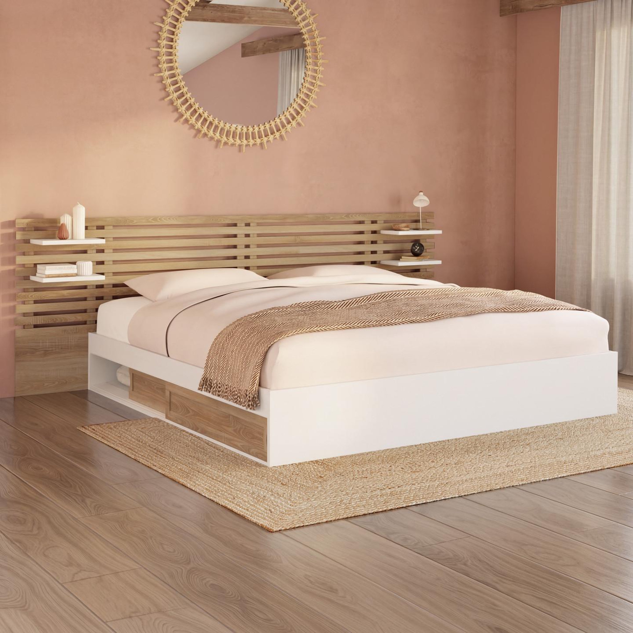 Voir la diapositive 2 : ID MARKET Lit double savana avec tête de lit, chevets, rangements et sommier 180 x 200 cm façon hêtre et blanc