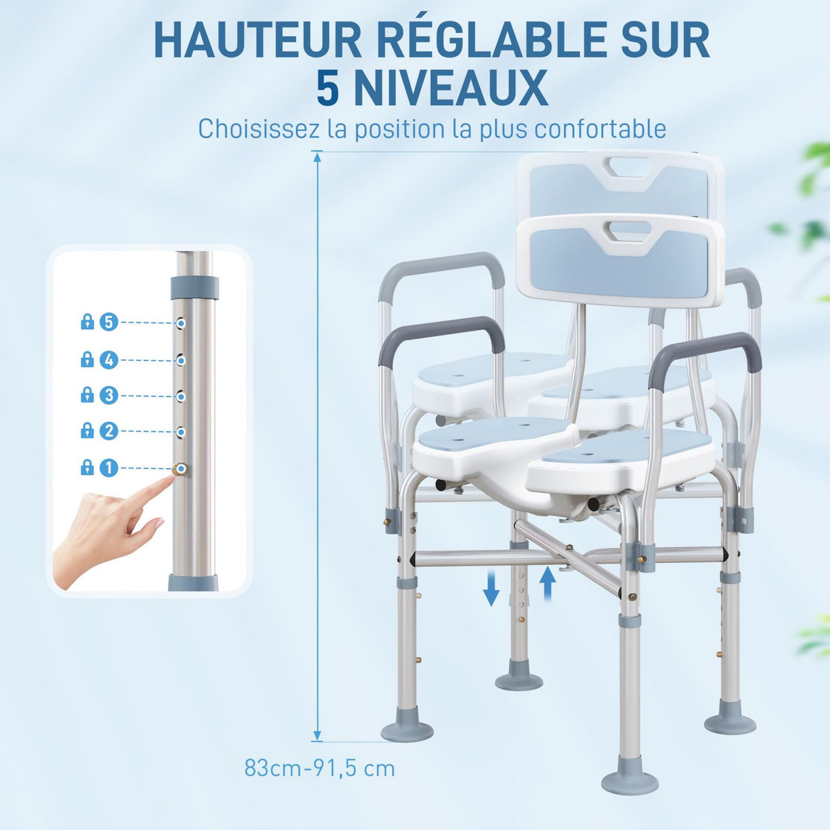 HOMCOM Tabouret de douche avec siège rembourrée et accoudoirs, chaise de douche, tabouret de bain, hauteur réglable 83-91,5 cm, cadre en aluminium et pieds antidérapants, bleu