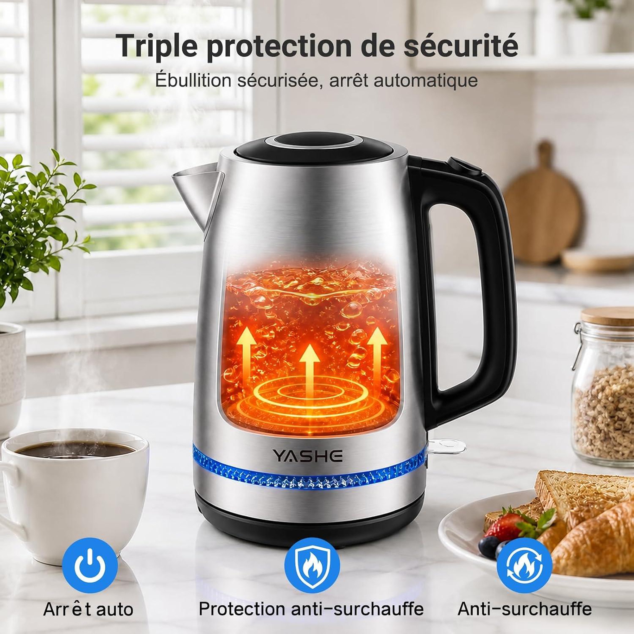 Voir la diapositive 4 : YASHE Bouilloire inox, 1,7 L, 2200 W, base 360°