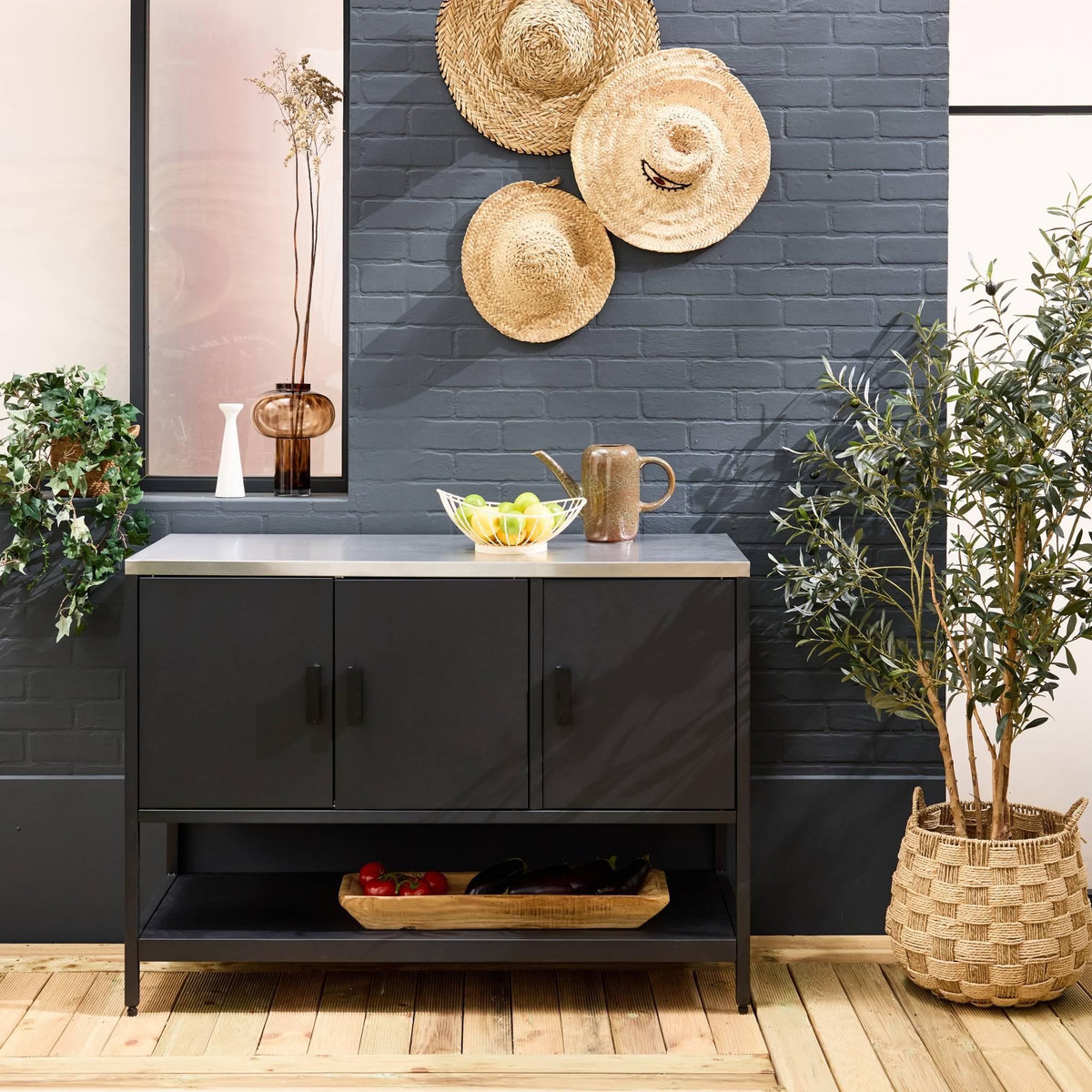 SWEEEK Cuisine extérieure en acier 3 portes,1 étagère L120cm