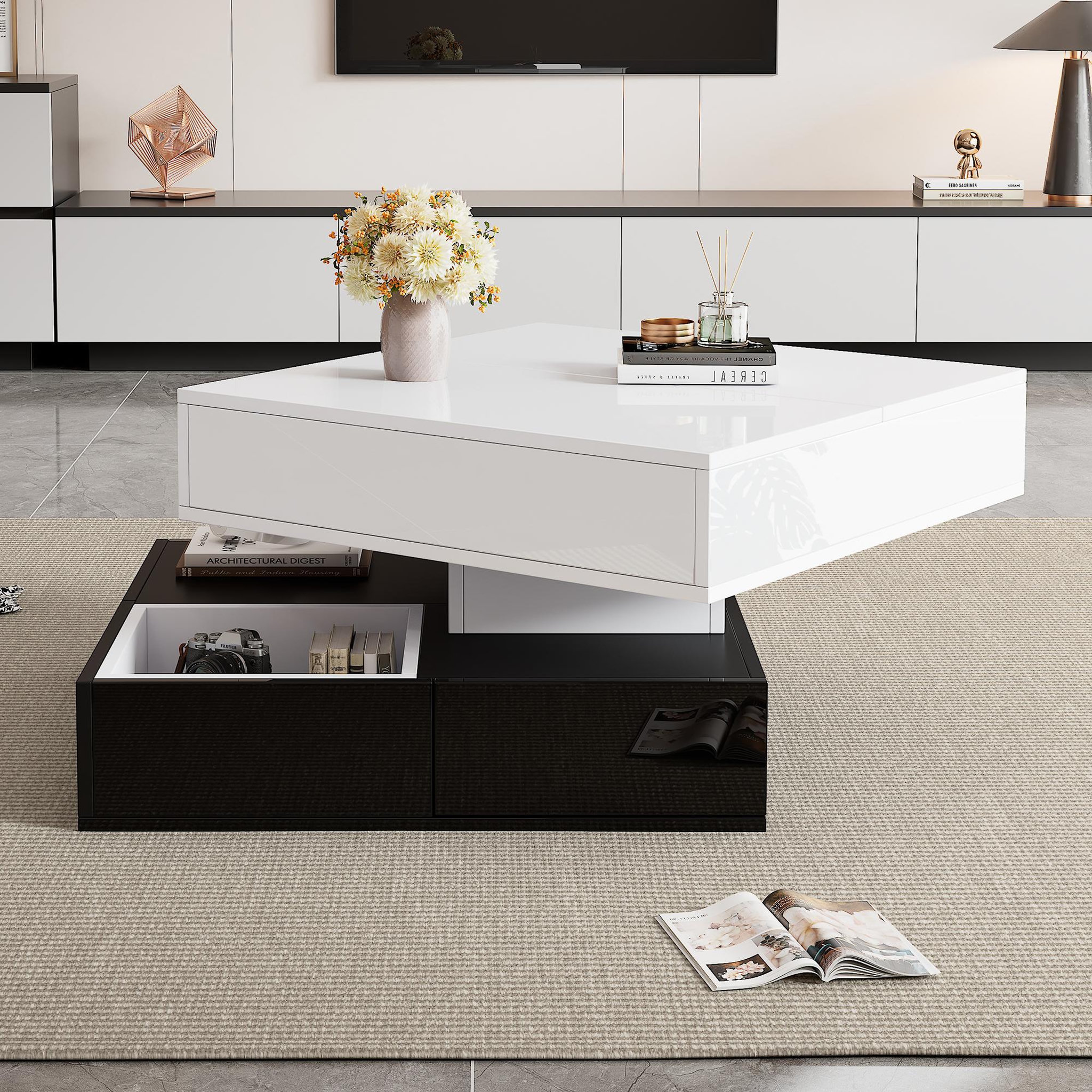 Voir la diapositive 4 : MERAX Table basse relevable pivotante carrée noir+blanc - 70x70 cm panneau de particules
