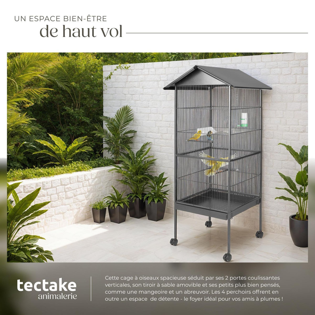 tectake Cage à oiseaux en finition martelée gris anthracite