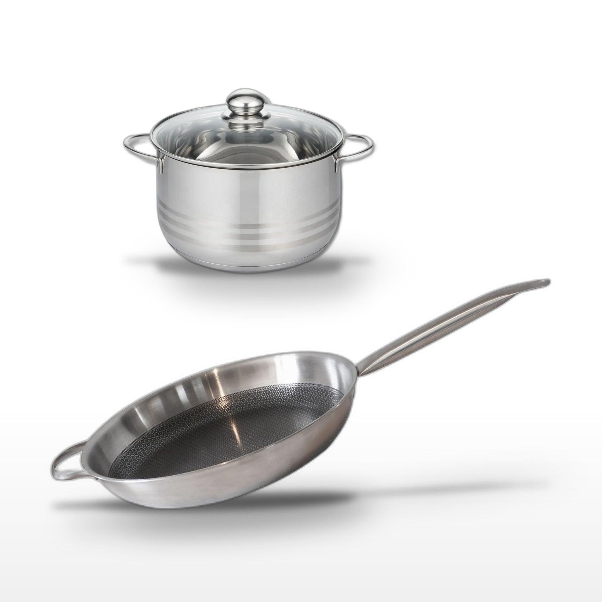 ELO Batterie de cuisine avec 1 poêle de cuisson 32 cm en acier inoxydable et 1 faitout 24 cm en inox sans pfas elo collection relief solution brillant