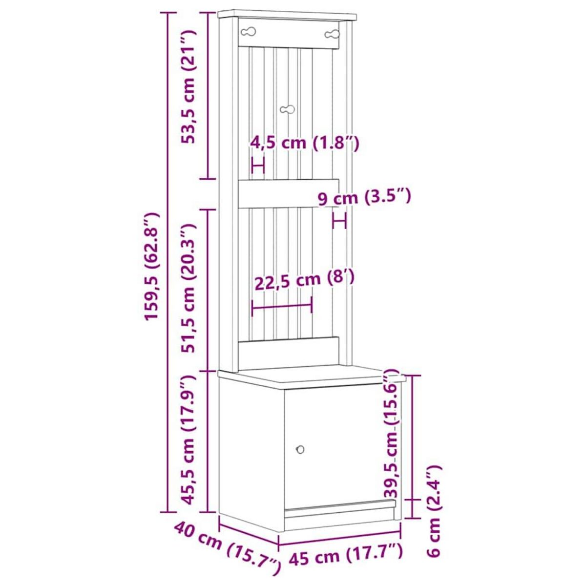 VIDAXL Portemanteau SANDENS 45x40x159,5 cm bois massif pin