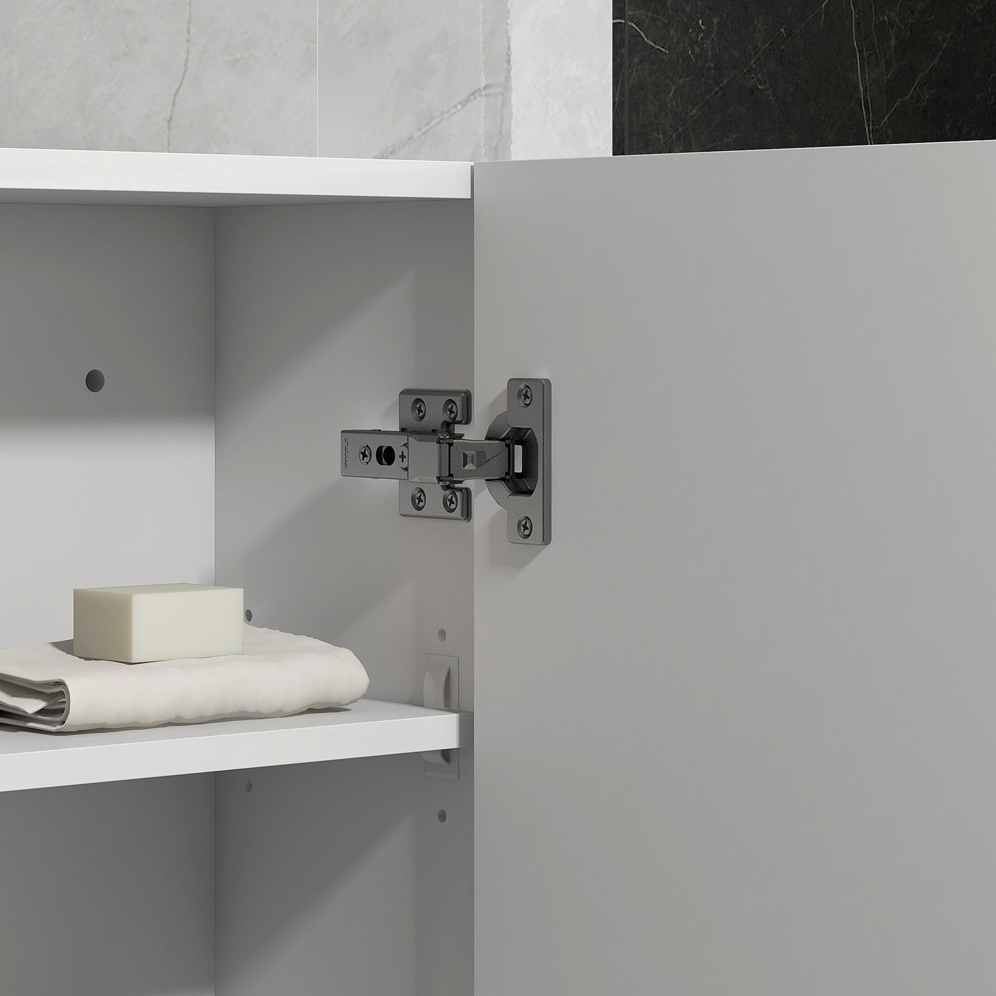 Voir la diapositive 6 : KLEANKIN Armoire haute murale de salle de bain ou wc - placard porte 2 étagères - dim. 41l x 18l x 52h cm - mdf blanc mat laqué