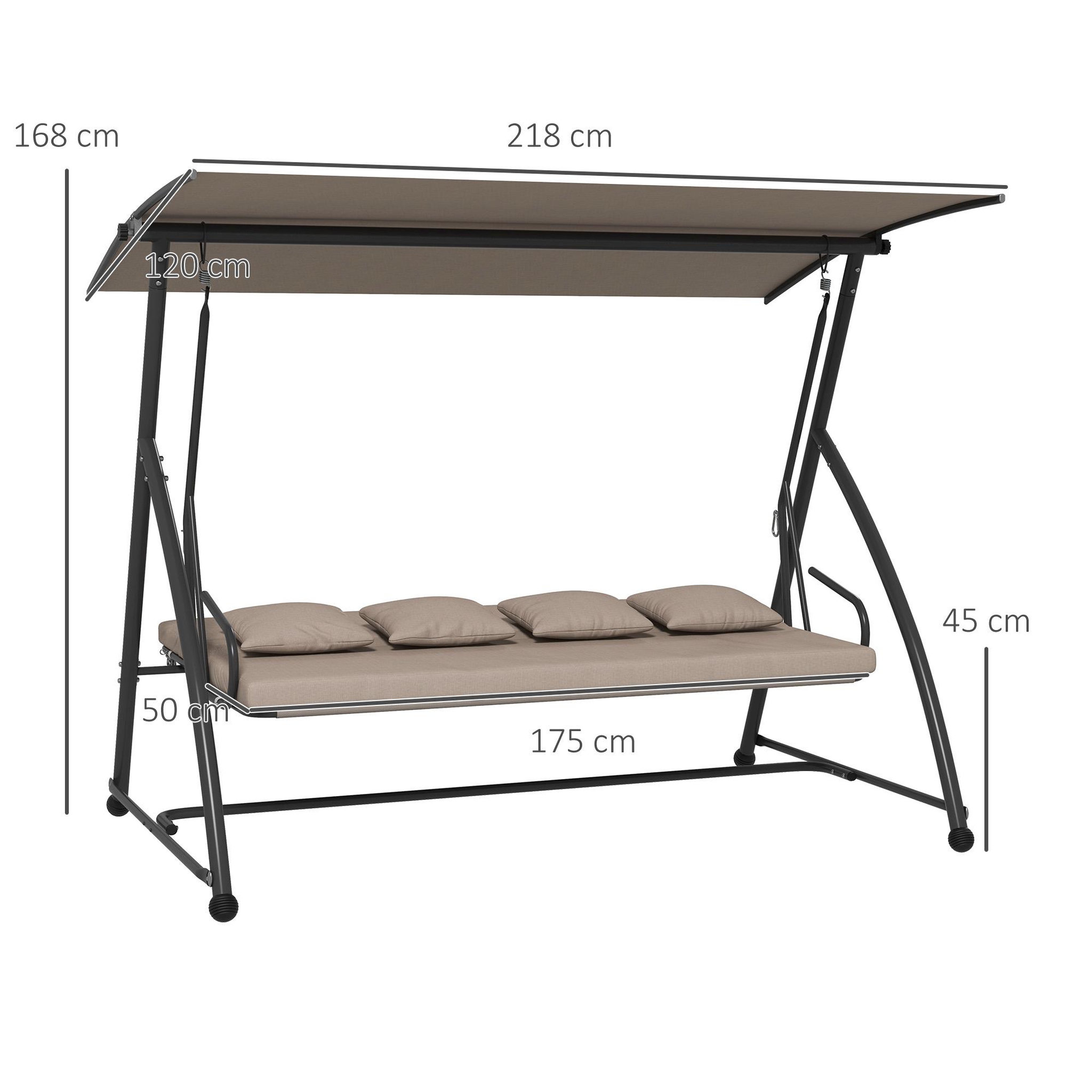 Voir la diapositive 3 : OUTSUNNY Balancelle de jardin 3 places convertible réglable - coussin assise dossier + 4 oreillers - dim. 218 x 120 x 168 cm - taupe