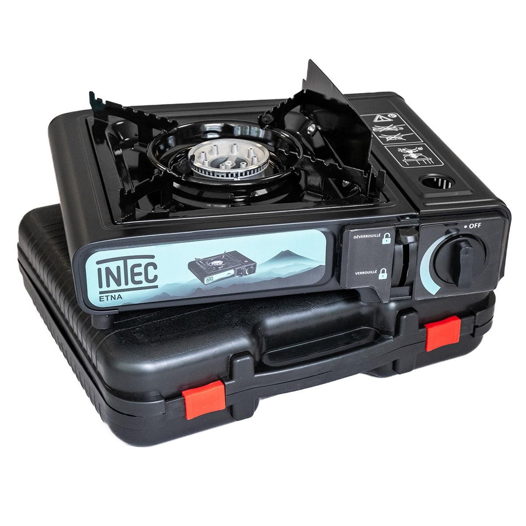 Voir la diapositive 2 : INTEC Réchaud gaz portable 2200w + 12 cartouches gaz butane camping road trips piezo mallette etna intec