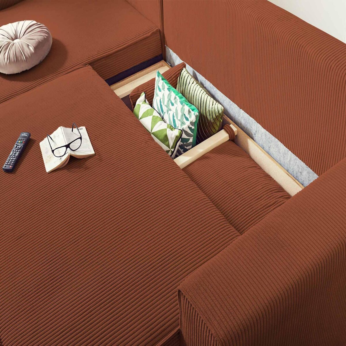 BEST MOBILIER Dellia - canapé d'angle réversible convertible - avec coffre - en velours côtelé - 4 places