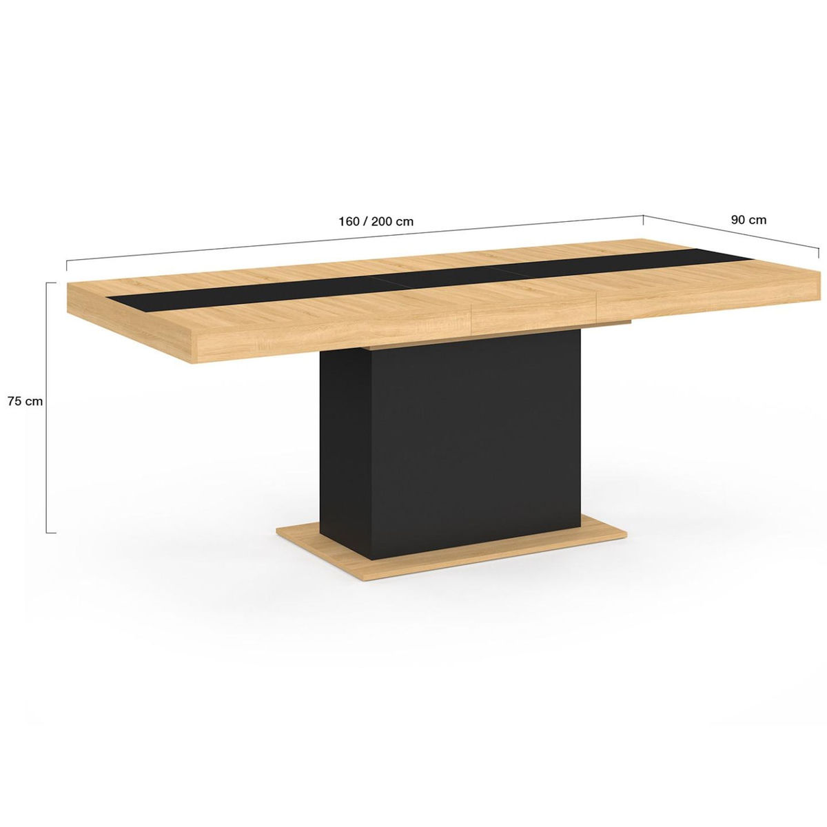 ID MARKET Table à manger extensible rectangle EDEN 6-10 personnes bois et noir bande centrale noire 160-200 cm