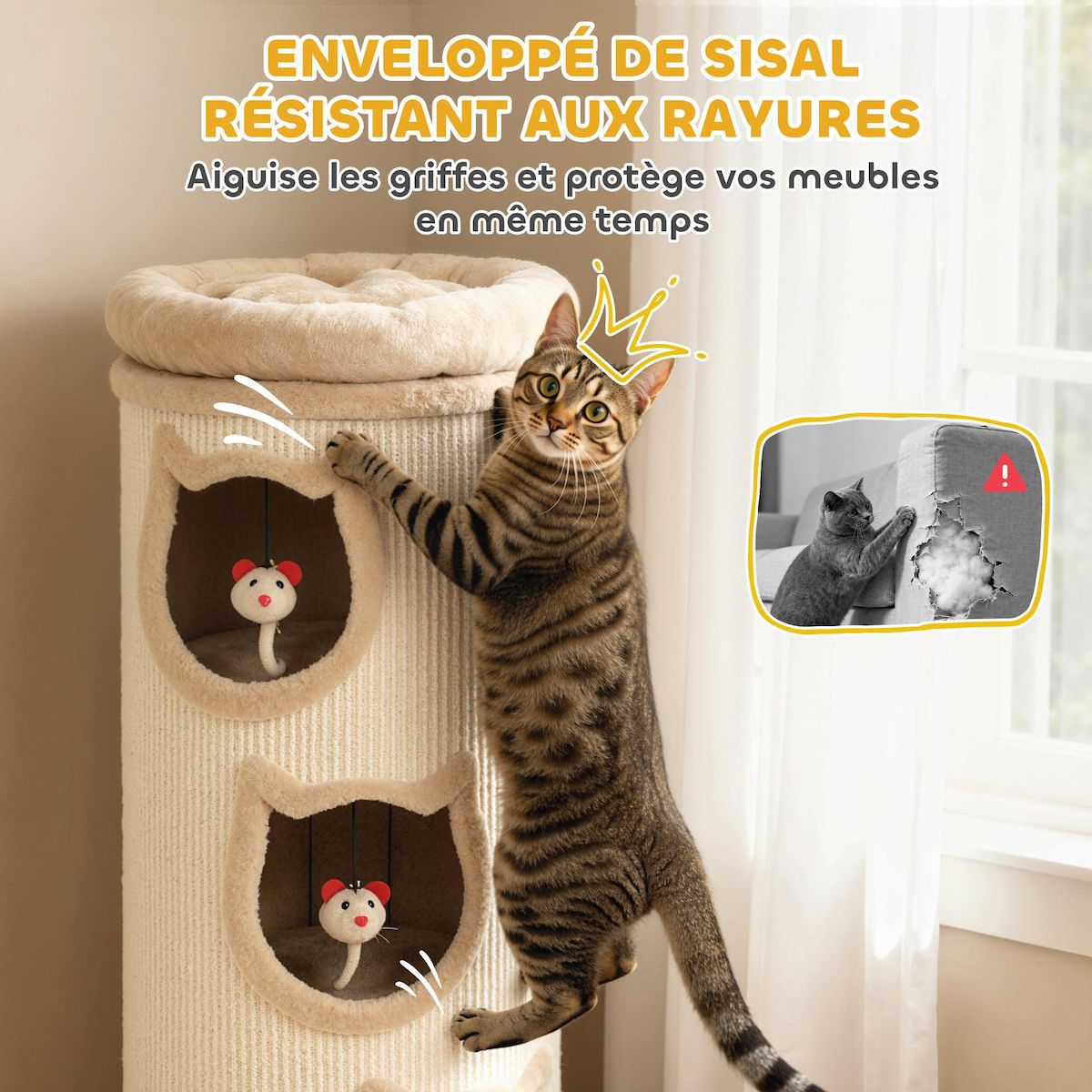 PAWHUT Tour à griffer pour chat - arbre à chat - 3 niches, 3 jouets, panier haut - sisal peluche beige