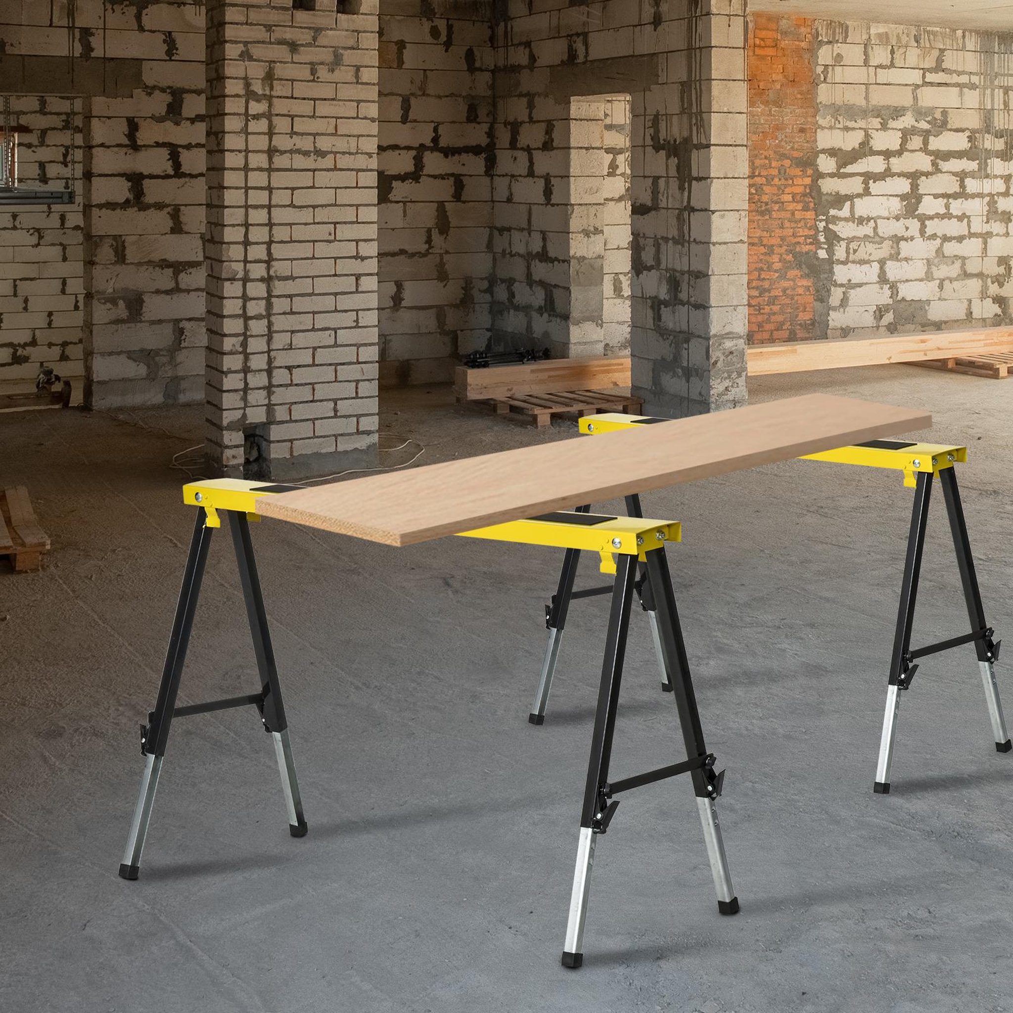 Voir la diapositive 2 : HOMCOM Lot de 2 tréteaux pliables telescopiques poignée transport dim. 100L x 49l x 62-89,5H cm surface antidérapante métal noir jaune