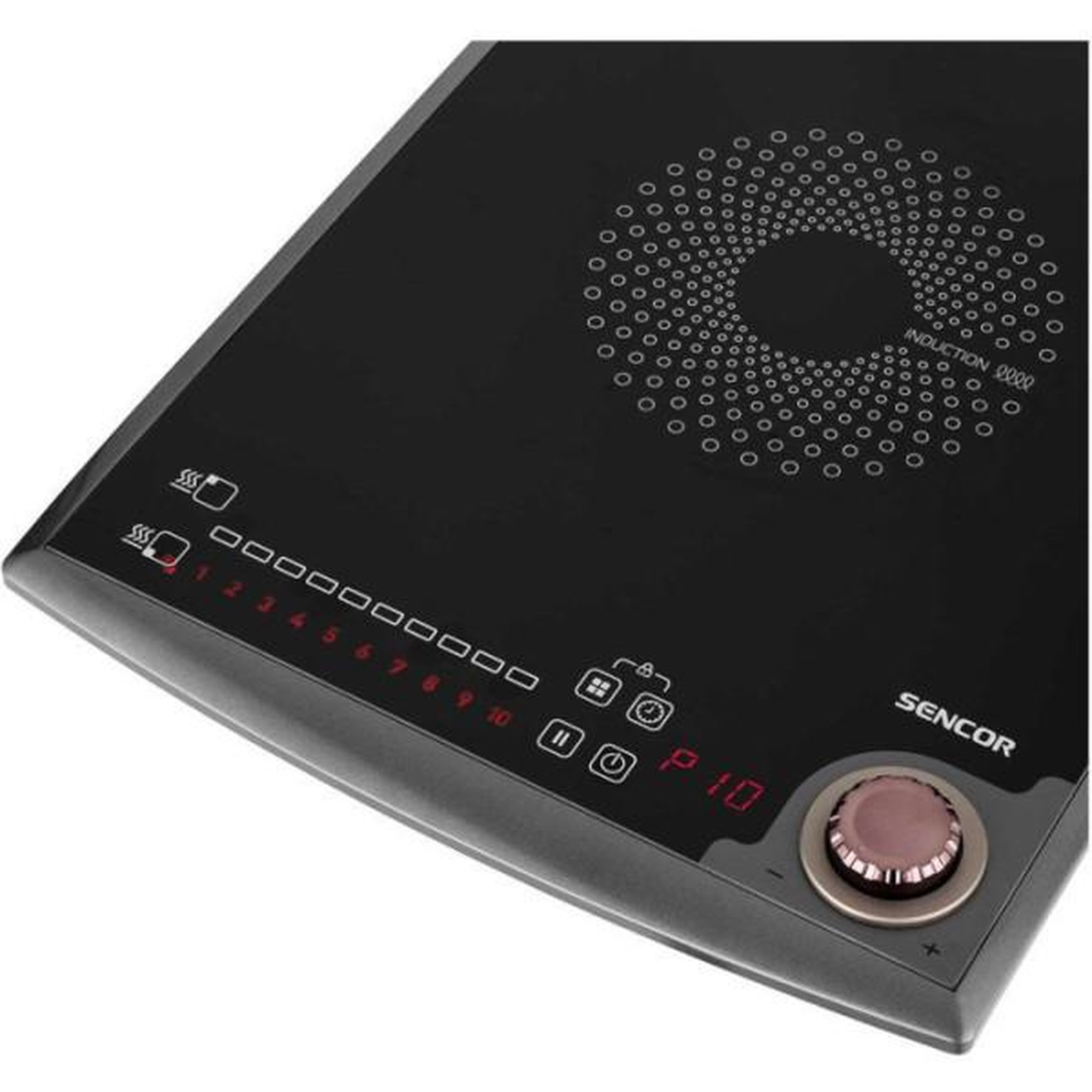 Voir la diapositive 4 : MARKET24 Plaque de cuisson à induction Sencor SCP 5414GY - 2 foyers - Commandes tactiles - 10 niveaux - Compacte - 3100 W - Noire