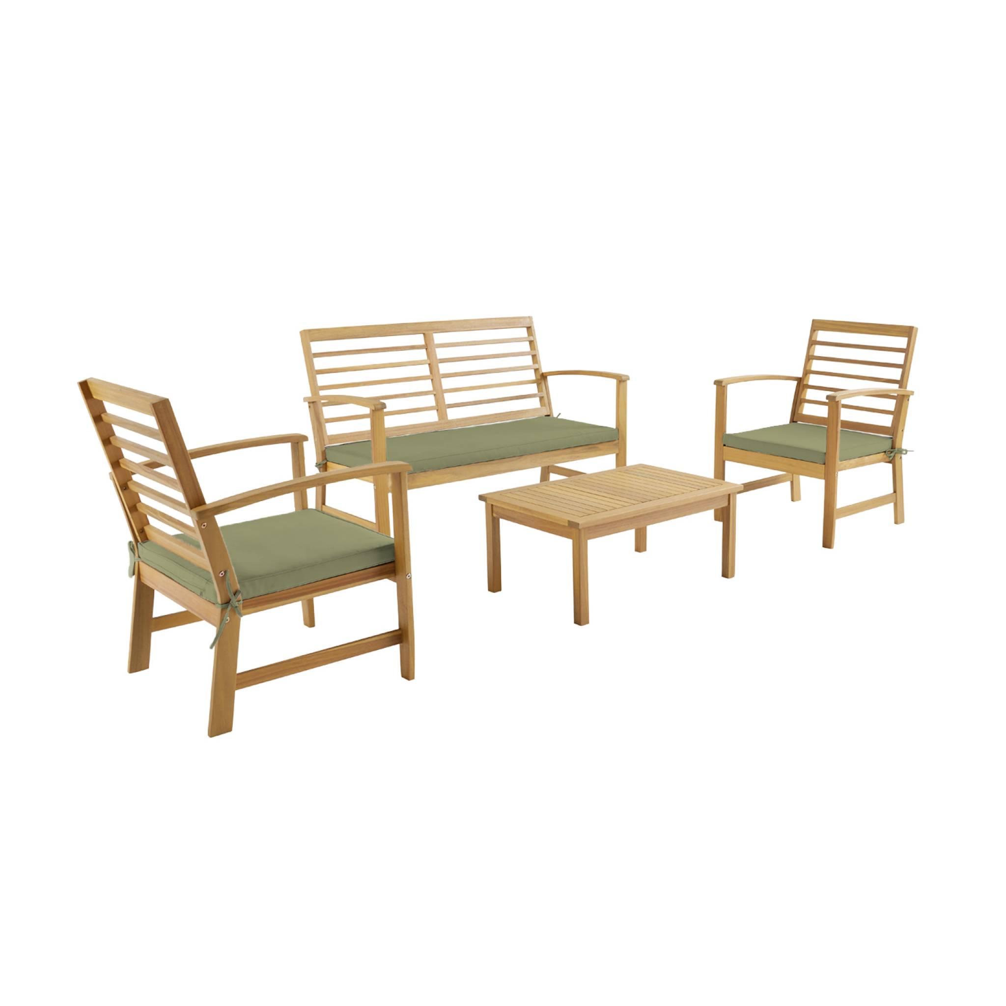 Voir la diapositive 1 : SWEEEK Salon de jardin CHLOE en bois d'acacia 4 places, avec coussins en polyester, un canapé, une table, deux fauteuils