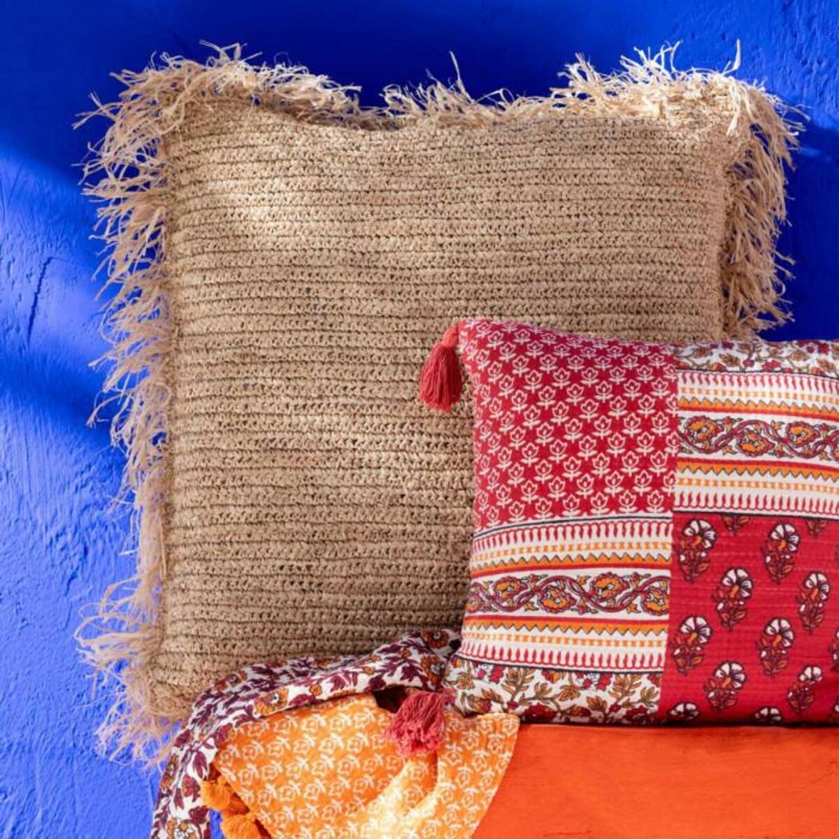 Paris Prix Coussin Déco Carré  Raphia  88x88cm Naturel