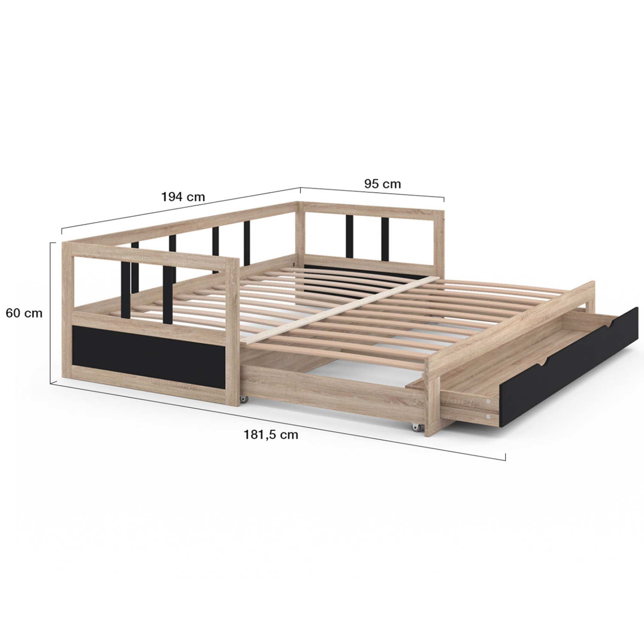 Voir la diapositive 5 : ID MARKET Lit banquette 90 x 190 cm zoya convertible 180 x 190 cm hêtre et noir avec 1 tiroir de rangement