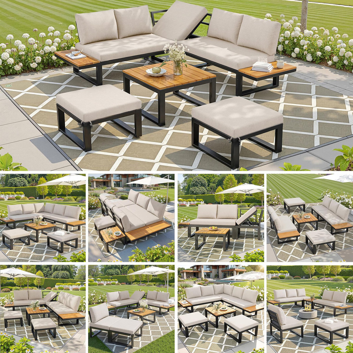 MERAX Salon de jardin 7 places avec, canapé angle, dossier réglable, poufs et table