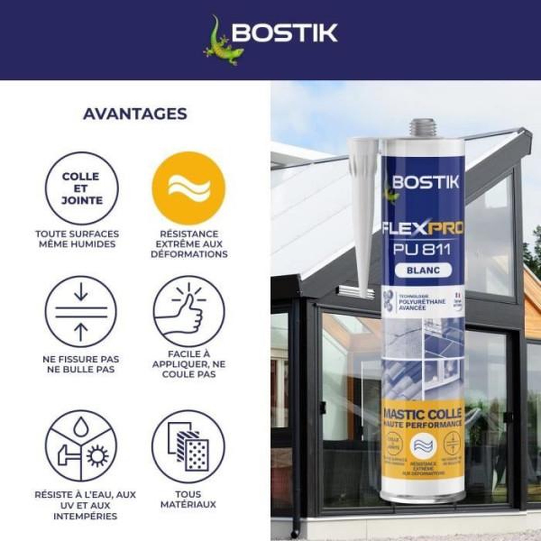 Voir la diapositive 4 : Bostik Mastic colle/joint - BOSTIK - Flexpro PU811 - Tous matériaux - Intérieur/extérieur - Blanc - 300 ml