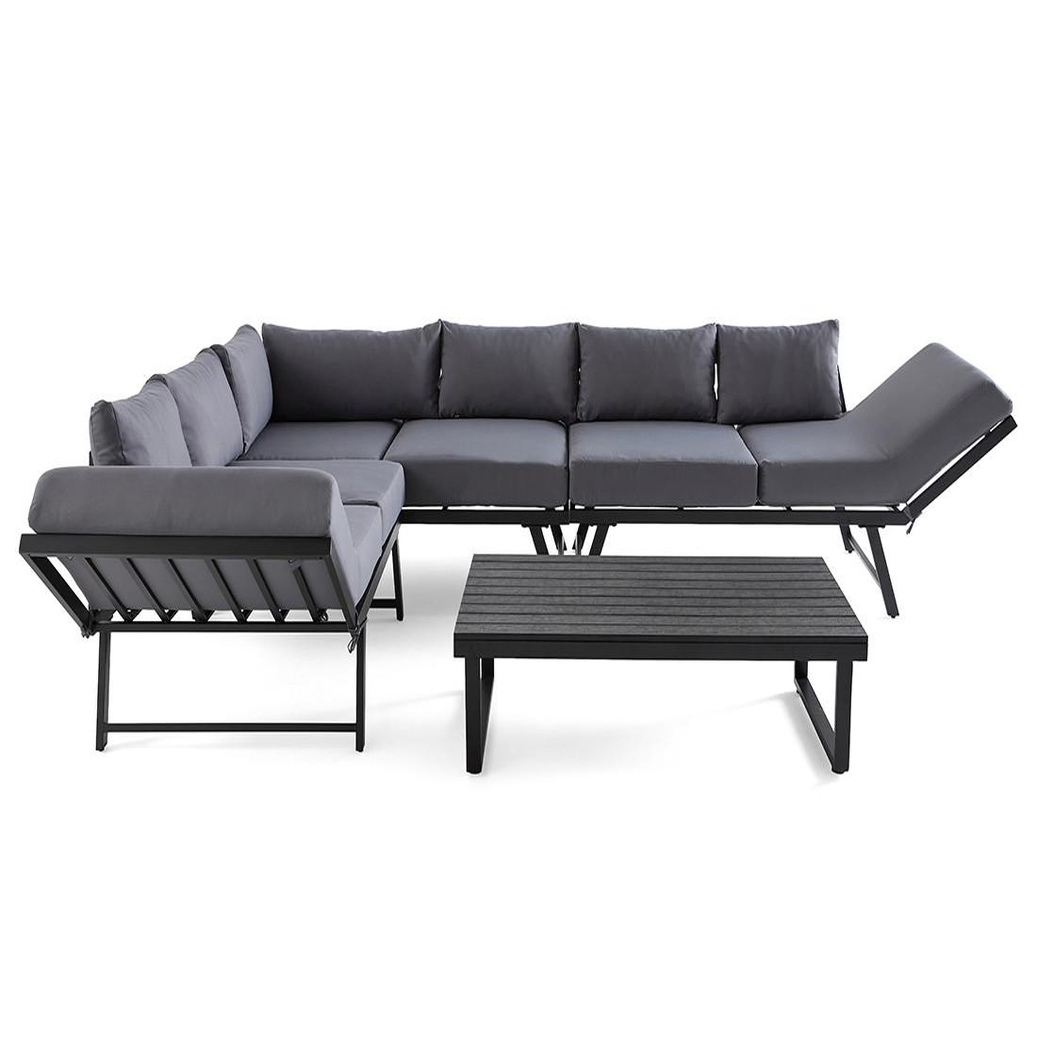 Voir la diapositive 3 : BEST MOBILIER Konna – salon de jardin d'angle en acier noir – 5 places - coussin gris et table incluse