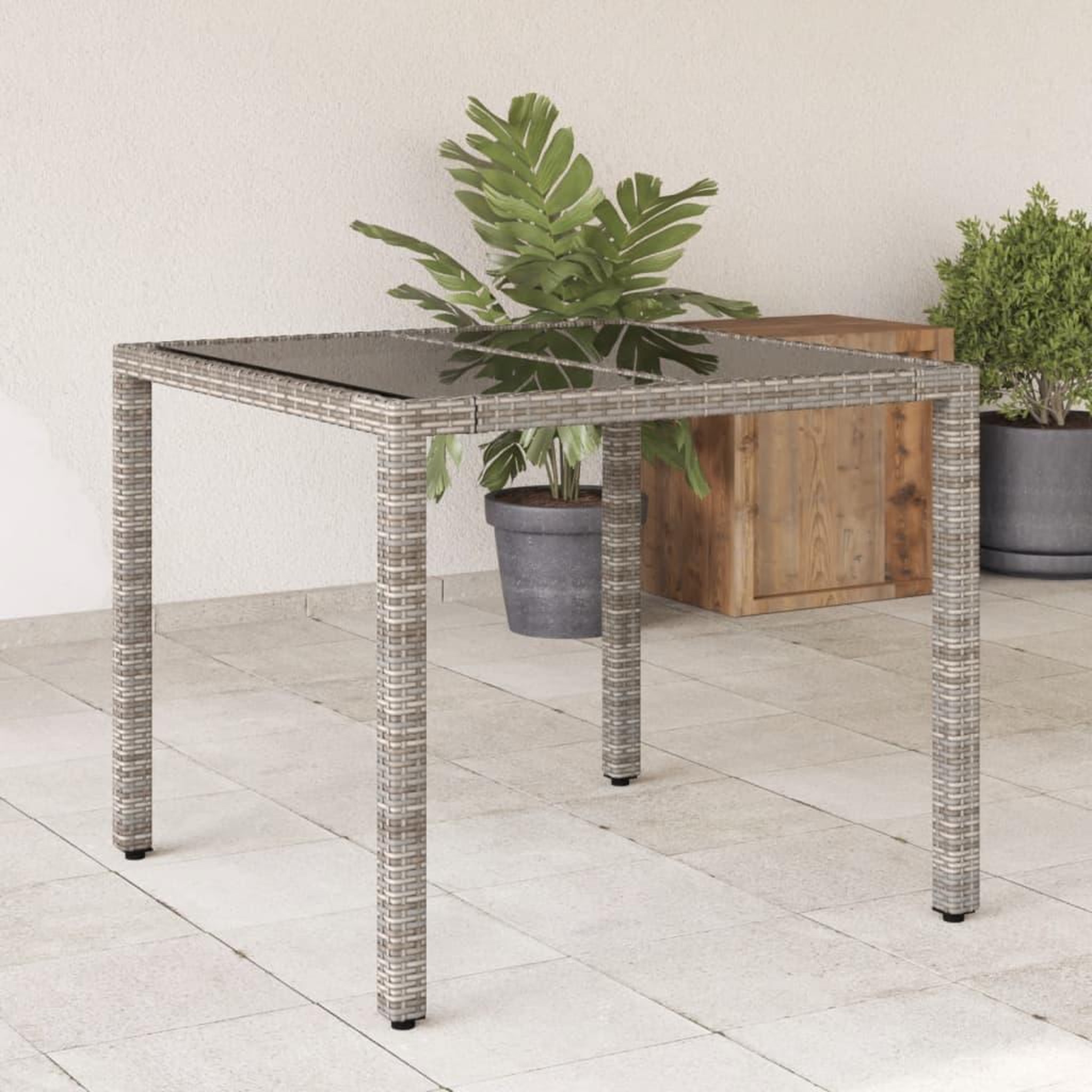 VIDAXL Table de jardin dessus en verre Gris 90x90x75 cm Resine tressee