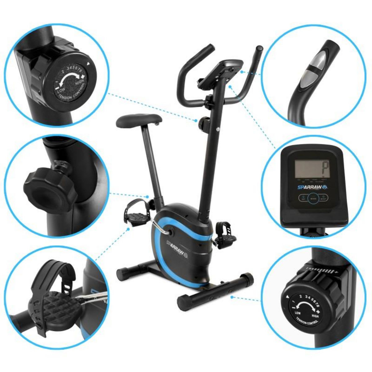 SPARRAW Vélo d'appartement CYCLO Roue d'inertie 2kg - 8 niveaux de résistance, Capteurs Pouls, Ecran d'entraînement, Réglable