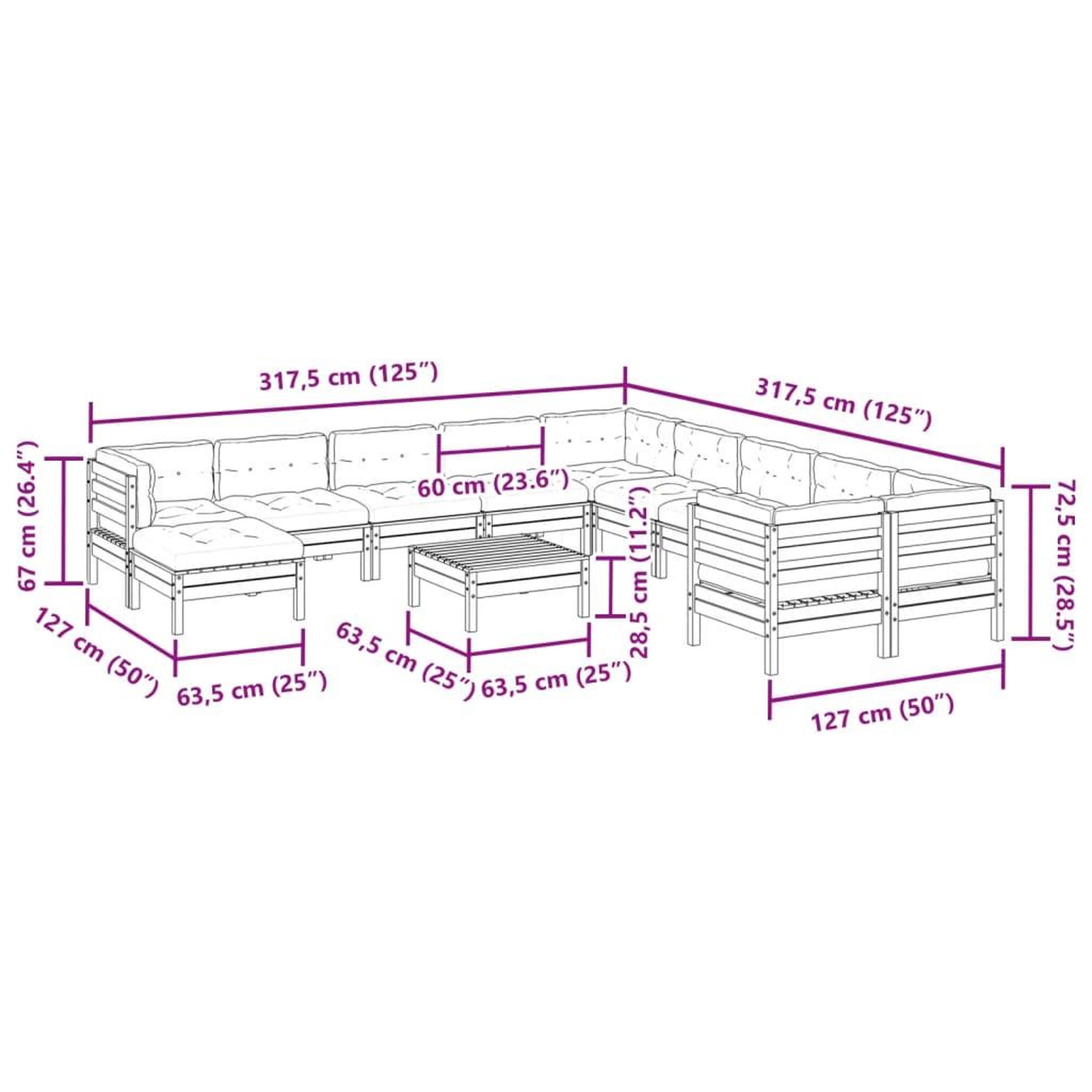 Voir la diapositive 6 : VIDAXL Salon de jardin avec coussins 12 pcs bois massif sapin douglas