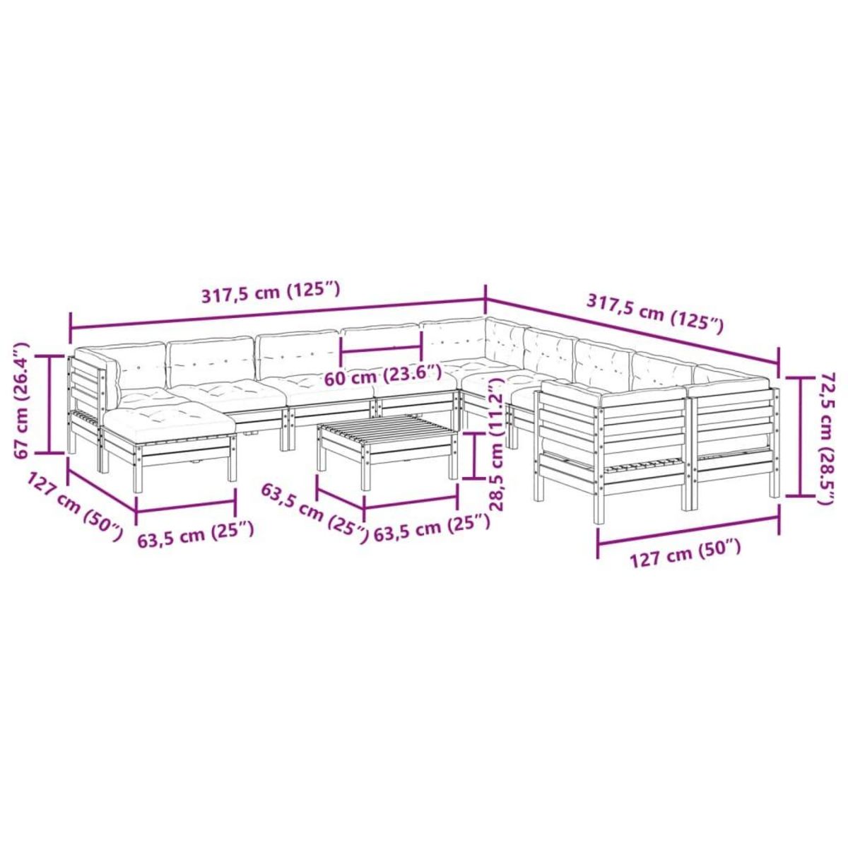VIDAXL Salon de jardin avec coussins 12 pcs bois massif sapin douglas