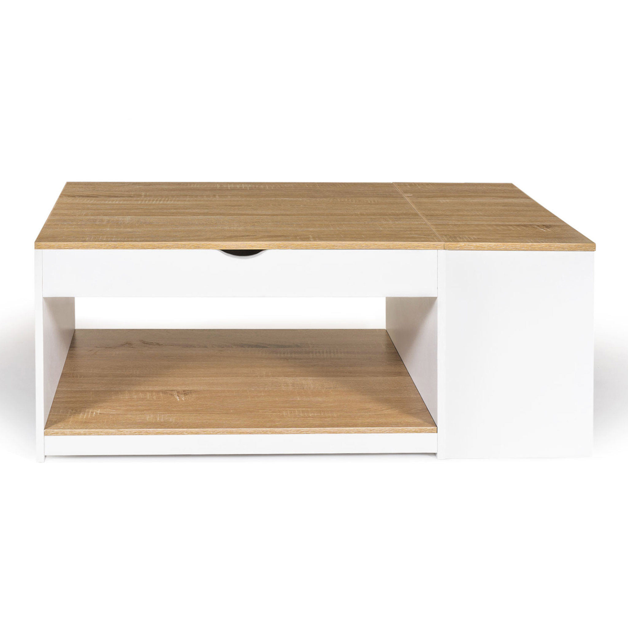 Voir la diapositive 3 : ID MARKET Table basse plateau relevable rectangulaire elea avec coffre bois blanc et façon hêtre