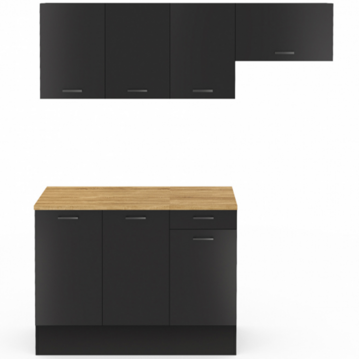 ID MARKET Cuisine complète 180 cm SUBTIL avec plan de travail 5 éléments noir et plateaux bois