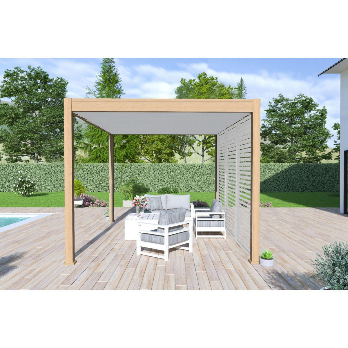 Pergola Bioclimatique autoportée 3X4 m - Aluminium - effet bois naturel/blanc - VS OMBREA®