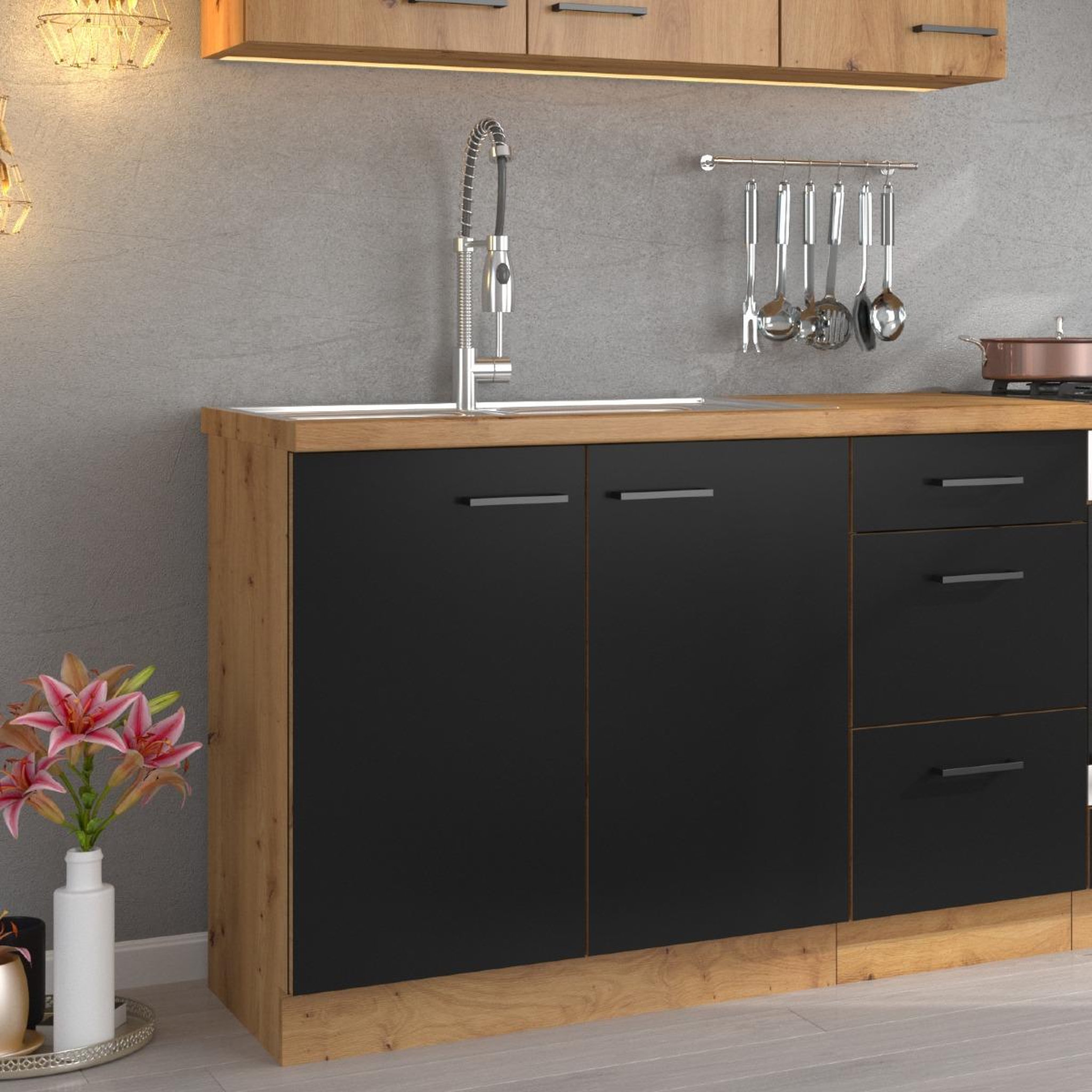 Voir la diapositive 4 : JLC KREATION Cuisine complète moderne noir et bois 260cm odessa