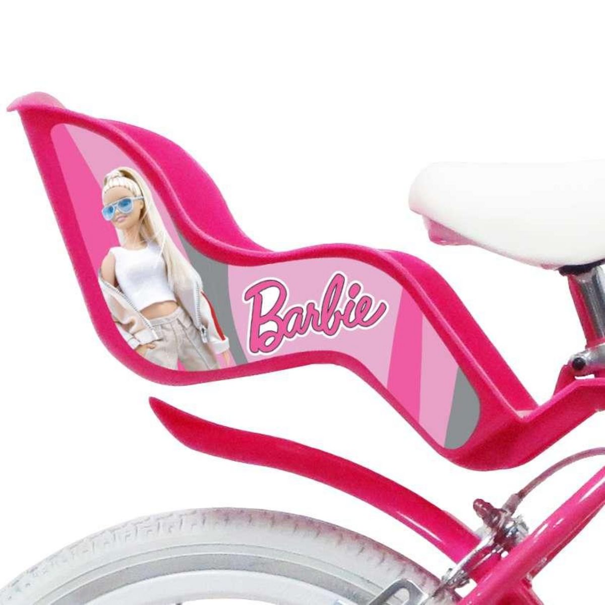 MATTEL Vélo enfant - Modèle Barbie 16'' pour enfant de 105 à 120 cm avec stabilisateurs - Panier avant - Porte poupée arrière - 2 freins & Roues gonflables