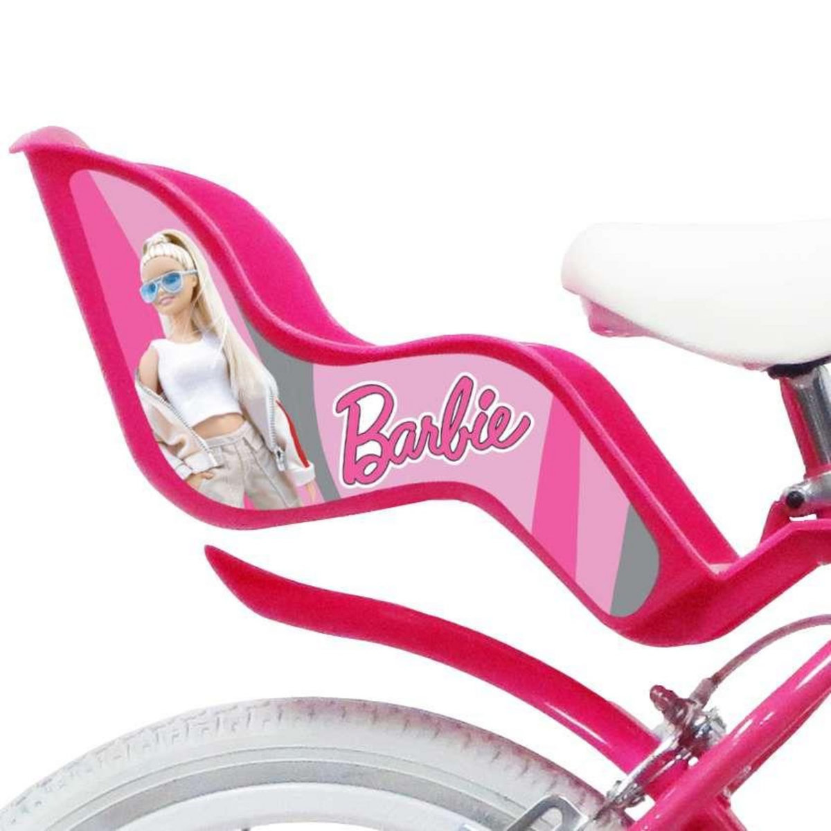 MATTEL Vélo enfant - Modèle Barbie 16'' pour enfant de 105 à 120 cm avec stabilisateurs - Panier avant - Porte poupée arrière - 2 freins & Roues gonflables