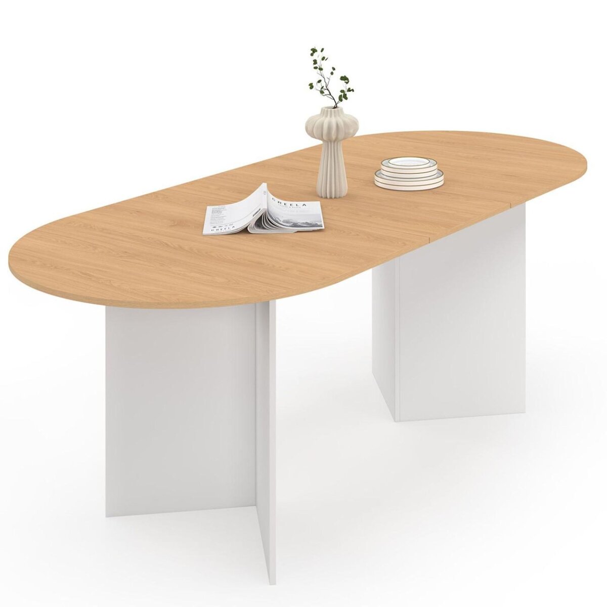 ID MARKET Table à manger extensible ovale MARTHE 6 -10 personnes bois façon hêtre et blanc 160-200 cm