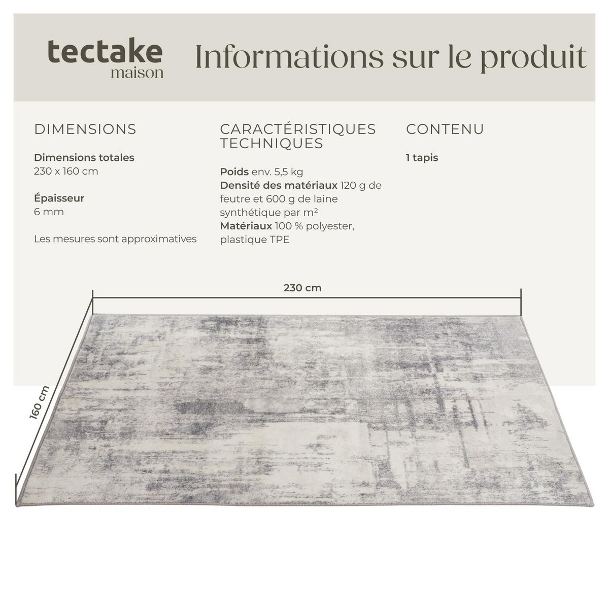 tectake Tapis design vintage à poils courts en laine synthétique et feutre beige/gris 160 x 230 cm