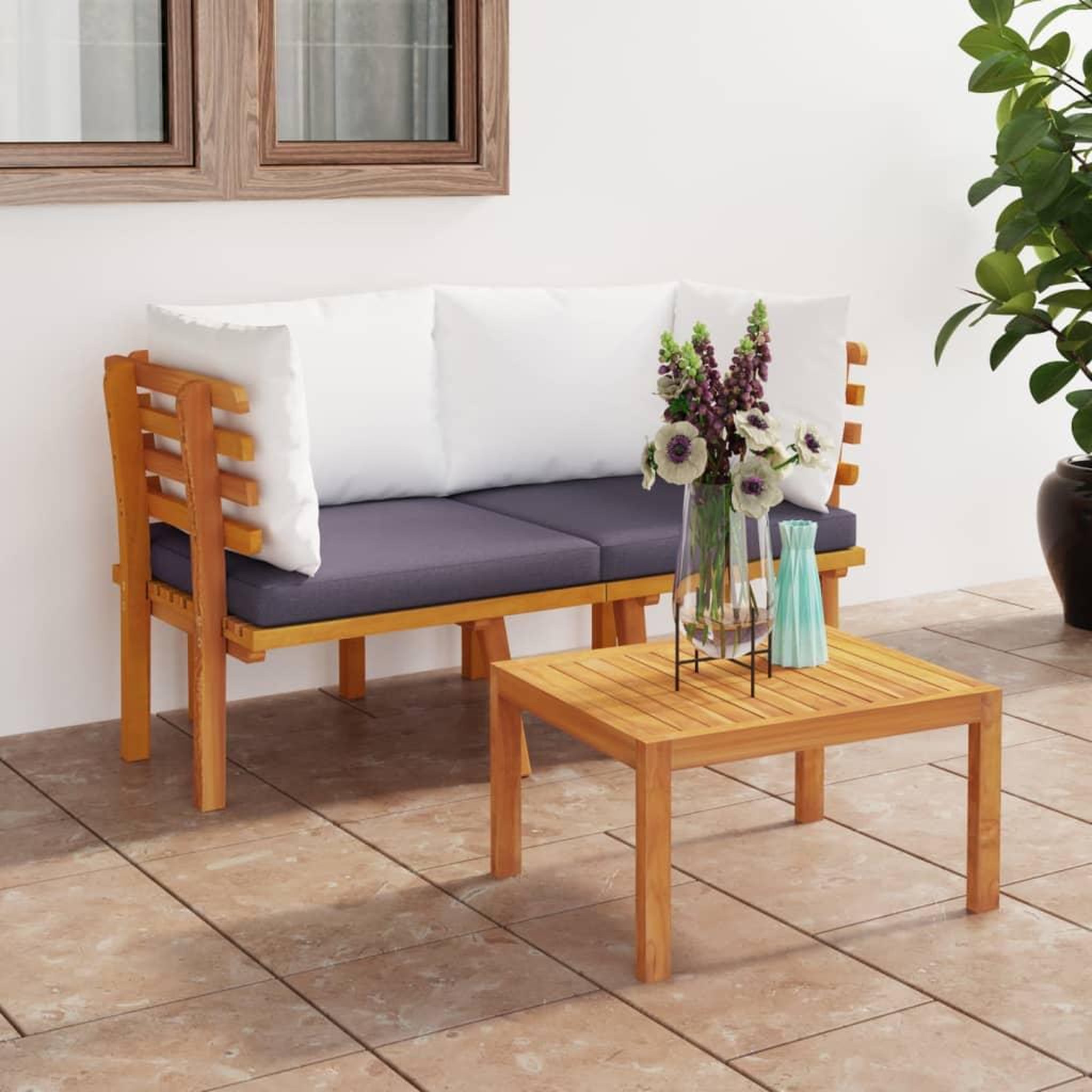 Voir la diapositive 1 : VIDAXL Canape de jardin 2 places avec coussins Bois d'acacia massif