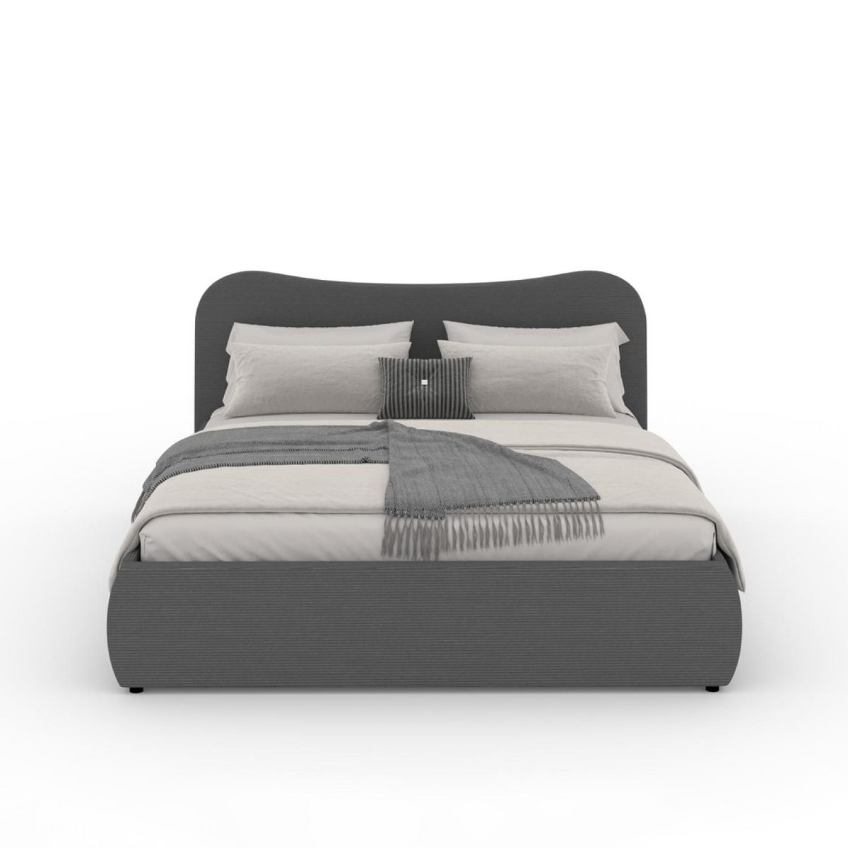 CONCEPT USINE Lit coffre 140x190cm design arrondi velours côtelé gris PLANO