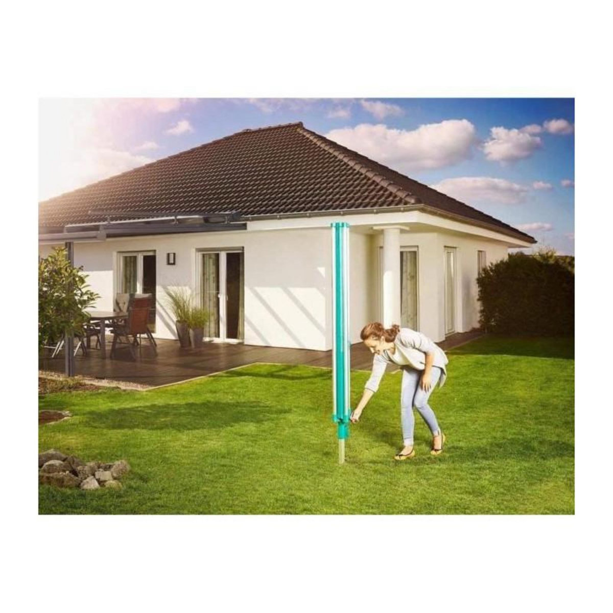 Leifheit Séchoir parapluie Linomatic 500 Deluxe Cover 82007 Leifheit - Etendoir extérieur rotatif 50 metres- Fils rétractables douille