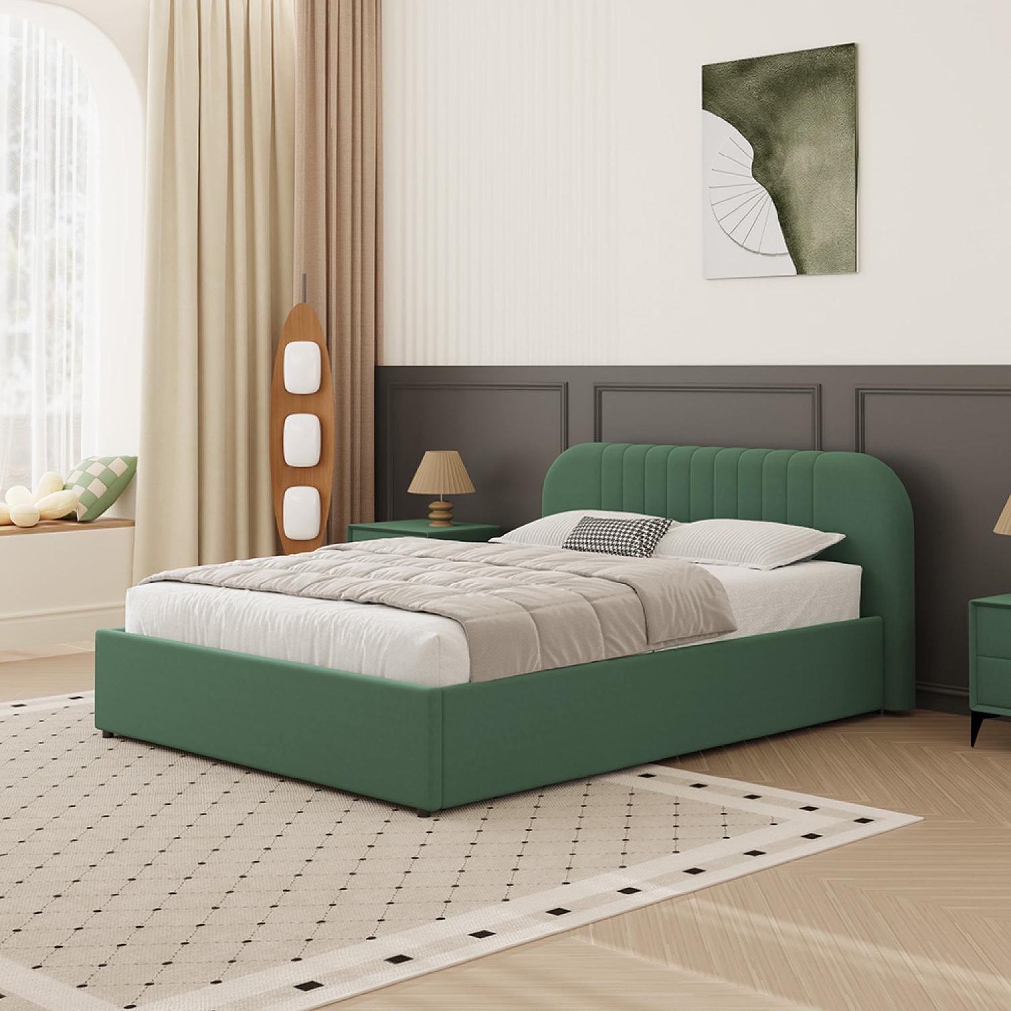 Voir la diapositive 2 : CONCEPT USINE Lit avec coffre de rangement 140x190cm en velours vert irvine