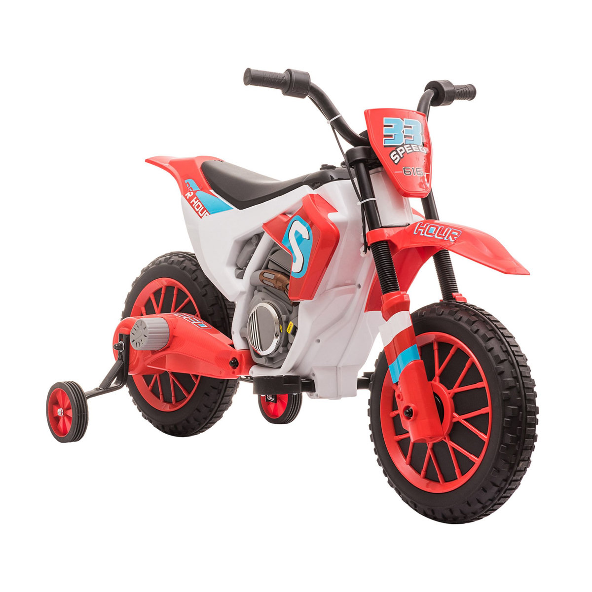 HOMCOM Moto cross électrique enfant 3 à 5 ans 12 V 3-8 Km/h  avec roulettes latérales amovibles dim. 106,5L x 51,5l x 68H cm rouge