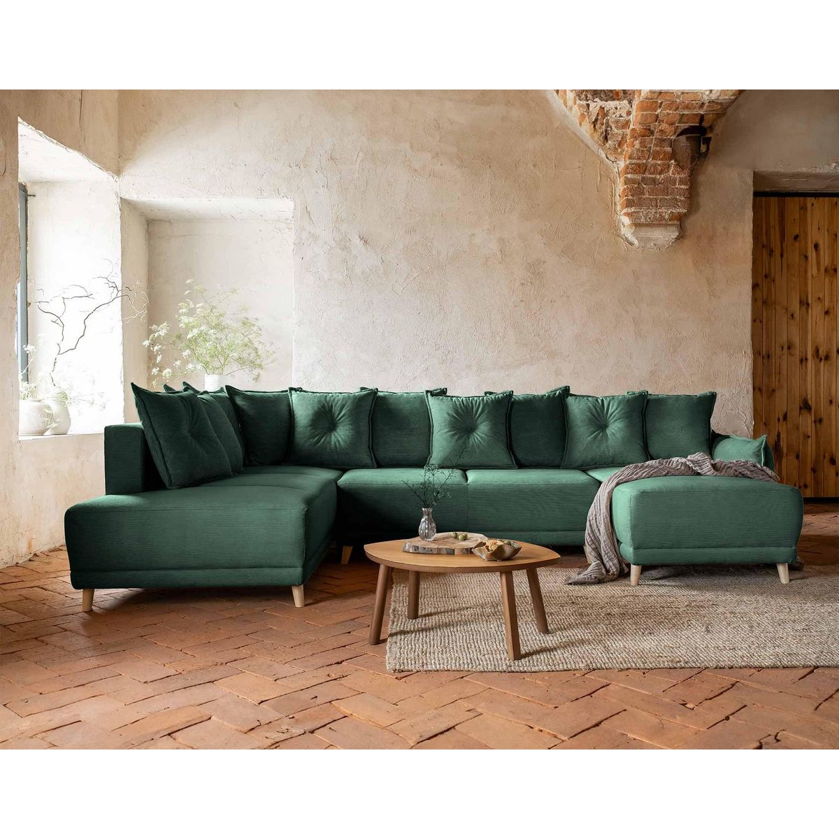 BEST MOBILIER Lena - canapé panoramique d'angle gauche 7 places - convertible avec coffre - en velours côtelé