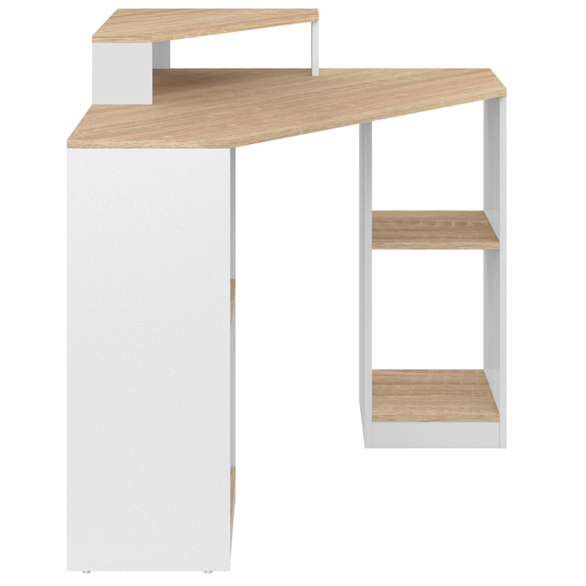 Voir la diapositive 3 : ID MARKET Bureau d'angle harry blanc et façon hêtre gain de place bureau informatique avec rangements