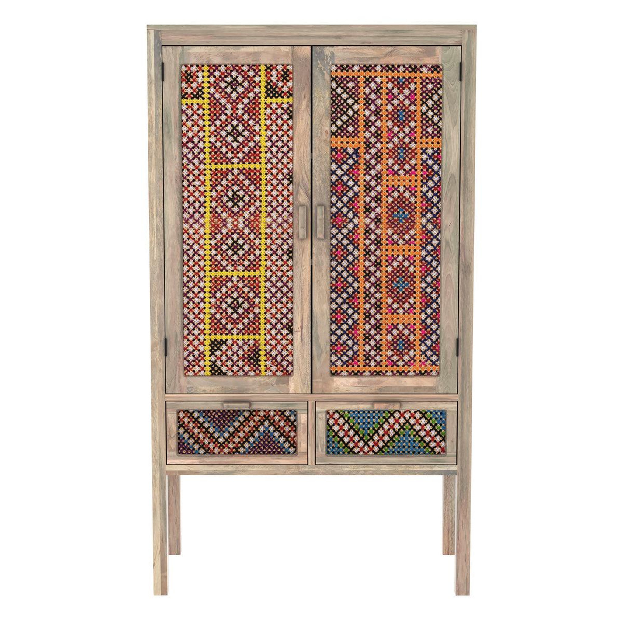 MAISON PAVANE Armoire 2 portes 2 tiroirs en manguier et cannage coloré-massaï