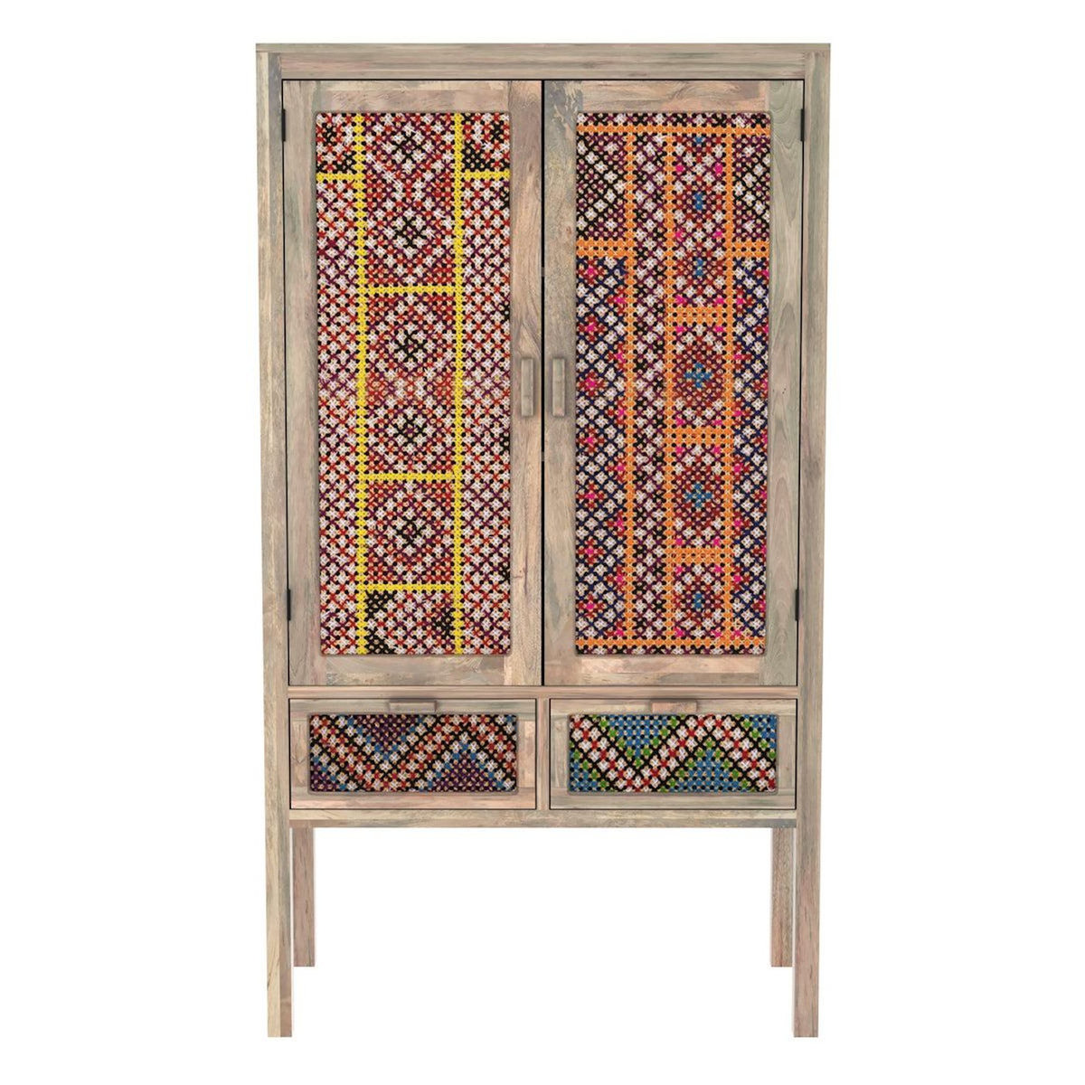 Rendez vous déco Armoire 2 portes 2 tiroirs en manguier et cannage coloré-Massaï