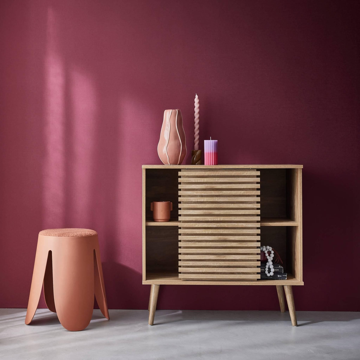 SWEEEK Buffet scandinave décor bois. buffet haut. vaisselier. avec 1 porte coulissante rainurée et 2 étagères 80cm