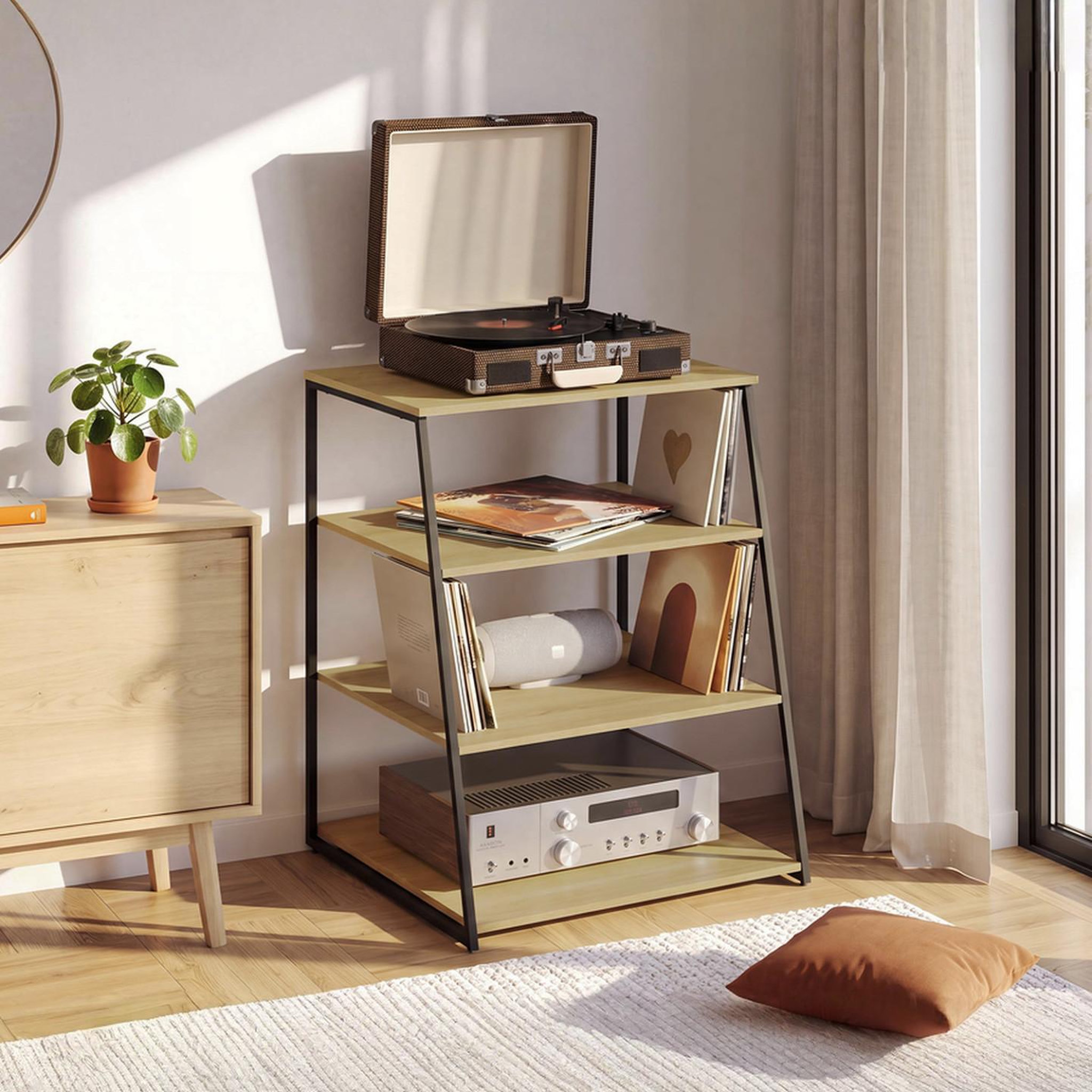 Voir la diapositive 2 : ID MARKET Meuble hifi, support pour platine, enceintes et vinyles 60 cm detroit étagère 4 niveaux bois et noir design industriel