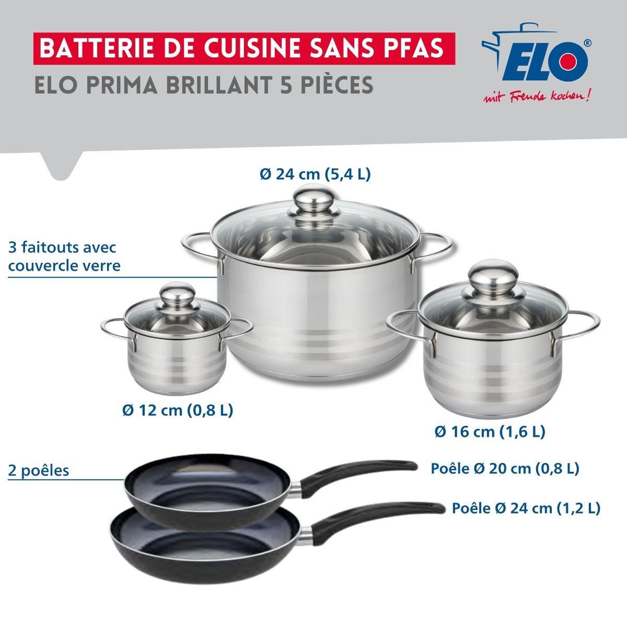 Voir la diapositive 2 : ELO Ensemble de 2 poêles de cuisson 20 et 24 cm et 3 faitouts 12, 16 et 24 cm elo prima brillant