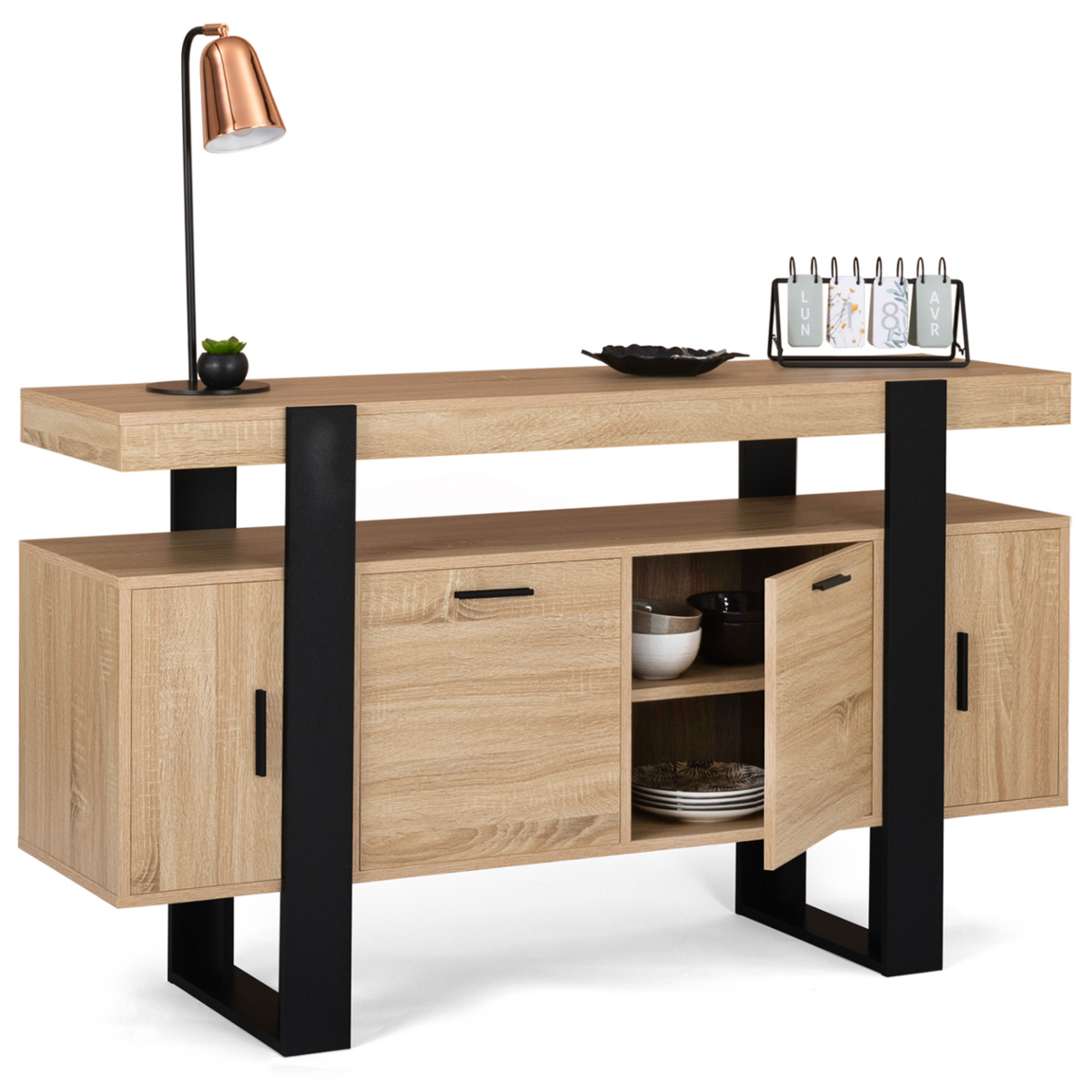 ID MARKET Buffet 140 cm PHOENIX 4 portes bois et noir